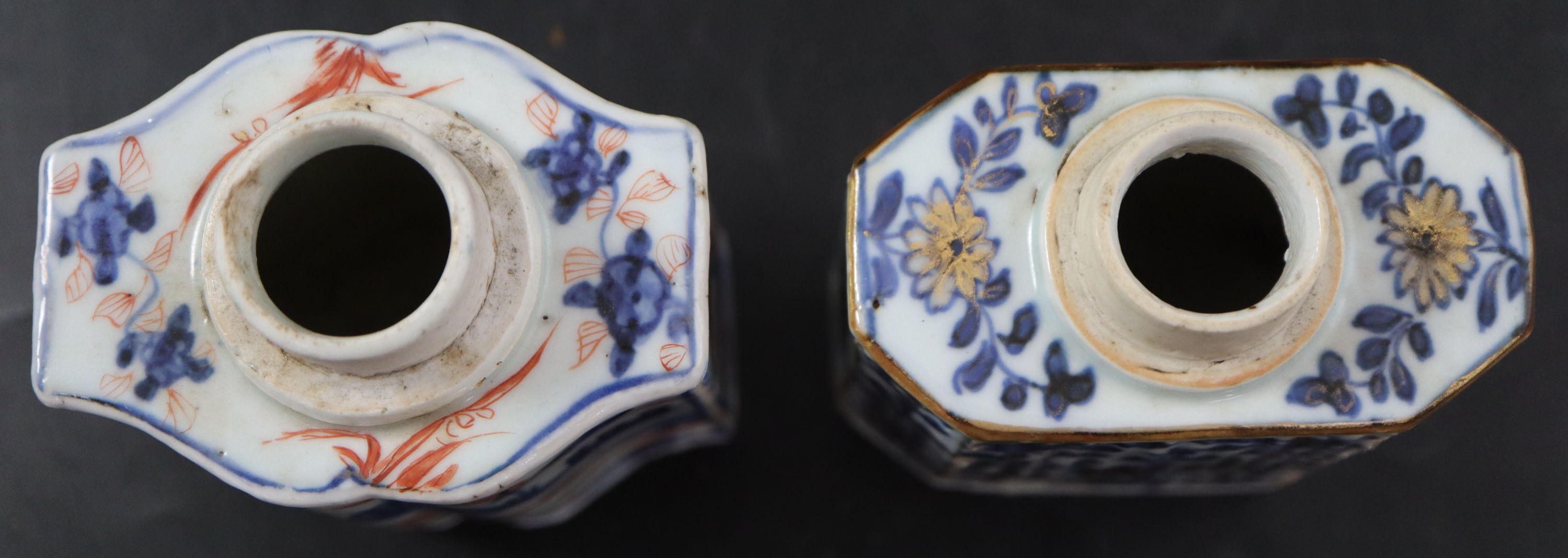 Two 18th century Chinese porcelain tea caddies, a cup and a Ming enamelled bronze lid